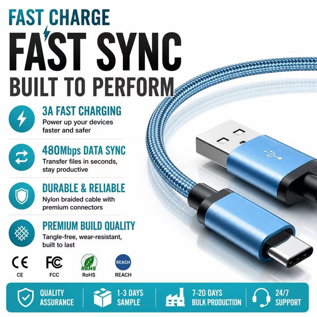 LUNG KAY 3A USB-A to USB-C Cable Fast Charging Durable Nylon Braided 480Mbps Data Sync Cord for Tablet Smartphone Power Bank