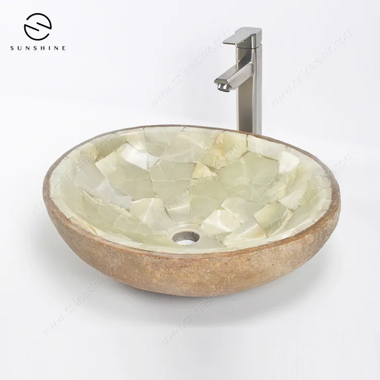 Willekeurige Vorm Natuurlijke Rivier Steen Wastafel Onyx Marmeren Mozaïek Vessel Sink