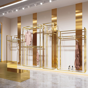 Negozio di abbigliamento personalizzato espositore per vestiti in acrilico Stand in acciaio inox specchio oro appendiabiti per Boutique - Product Image 4
