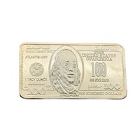 Pièce commémorative rectangulaire exquise en fer plaqué or, avec portrait de Franklin et motif du Hall de l'Indépendance, pour coffret cadeau