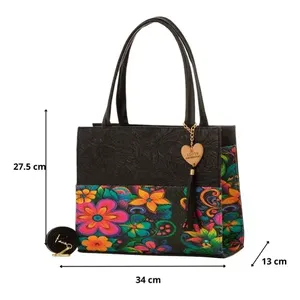 Sac fourre-tout en jute noir pour femme Fana Dahina, motif floral avec pompon et poche zippée pour le shopping - Product Image 4