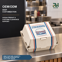 Boîte à hamburger en carton avec fermeture à languette centrale et impression rayée rouge et bleue, emballage personnalisé avec logo pour les plats à emporter des restaurants
