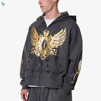Sweat-shirt oversize vintage baroque pour homme, gris foncé, imprimé ailes dorées, fermeture éclair, capuche