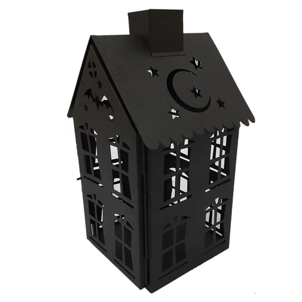 Farol colgante de Metal con forma de cabaña para decoración del hogar, soporte de vela de estilo moderno hecho a mano, Color negro mate, bonito