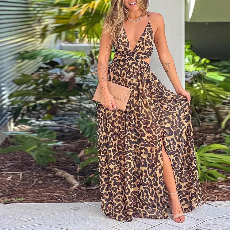 Women's clothing manufacturer beach dress custom leopard print halter maxi dresses elegant ruffle tiered boho bohemian dress