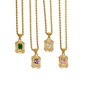 Collier pendentif en acier inoxydable plaqué or avec pierre ovale en zircon et chaîne à maillons pour femme, bijoux cadeau, VENTE EN GROS - Product Image 3