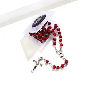 Komi Neuer Rosenkranz mit Box Holz perlen Jesus Kreuz Halskette Religiöse Lieferungen Geschenk Werbe geschenk Muster zufällig senden