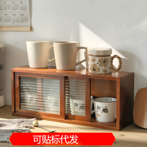 Retro Solid Wood Storage Cabinet With Frosted Glass Door Desktop Organizer For <b>Teacups</b> And Cosmetics - Product Image 5