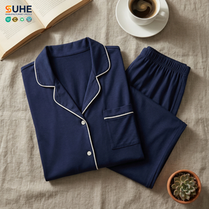 Ensemble de pyjama thermique d'été pour femme SUHE en modal et élasthanne, haut à manches longues boutonné, pantalon large avec passepoil contrastant, OEM ODM - Product Image 6