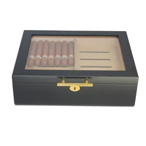 Customized Humidor Custom Logo Storage Manufacturer Wooden Cigar Boxes Glass Top Cigar Humidor