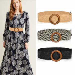 पुआल बुना लोचदार खिंचाव कमर बेल्ट महिलाओं पतला पोशाक बेल्ट चिंच फैशन दौर लकड़ी बकसुआ लट का पट्टा बेल्ट - Product Image 2