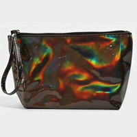Sac cosmétique en PU holographique avec logo personnalisé, imperméable, portable, fermeture éclair, trousse de maquillage pour femmes, sac de rangement pour articles de toilette, sac à main de voyage
