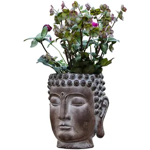 Maceta de hormigón con Cabeza de Buda para decoración de jardines, maceta de jardín antigua Oriental para plantas grandes