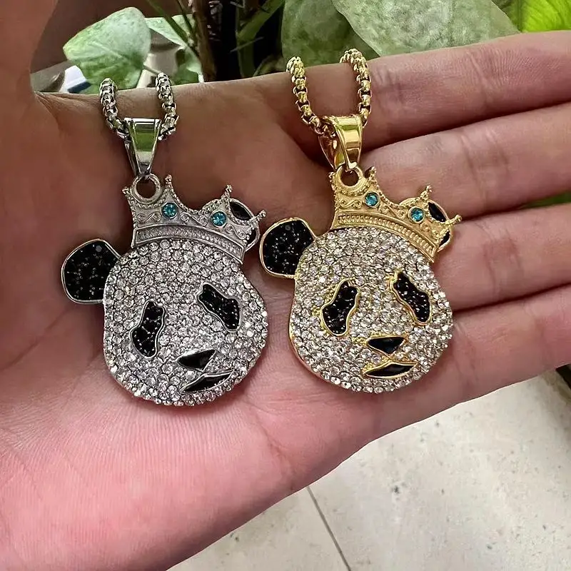 Hip Hop Iced Out Jewelry Stainless Steel Men Crystal Diamond Panda Animal Pendant Custom Gold Plated Crown Pendant Necklace