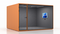 Studio de conférence préfabriqué moderne, modulaire, intelligent, avec vidéoconférence intégrée, réduction du bruit multi-personnes et isolation acoustique.