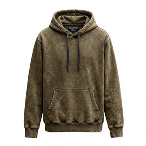 เสื้อฮู้ดดี้ผ้าฟลีซฟอกสีสไตล์ฝรั่งเศสแบบหนาพิเศษ ตกแต่งด้วยเทคนิค Distressed Acid Wash พร้อมกระเป๋าคู่ ปักลาย OEM สีซีดแบบซันเฟด สำหรับผู้ชาย - Product Image 1