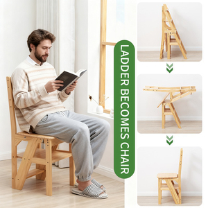 Chaise pliante escabeau en bois de pin, design multifonctionnel 2 en 1 pour l'intérieur, la salle de classe et la salle à manger. - Product Image 3