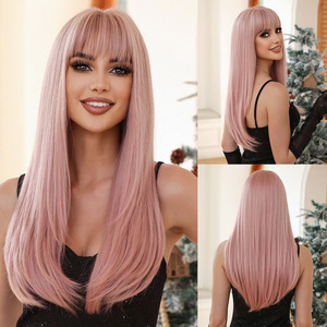Perruque complète pour <span class=keywords><strong>femme</strong></span> avec frange, pour <span class=keywords><strong>cheveux</strong></span> longs et raides <span class=keywords><strong>gris</strong></span>, en fibre synthétique résistante à la chaleur, sans colle, douce, lisse, épaisse, avec bonnet en filet rose - Product Image 6