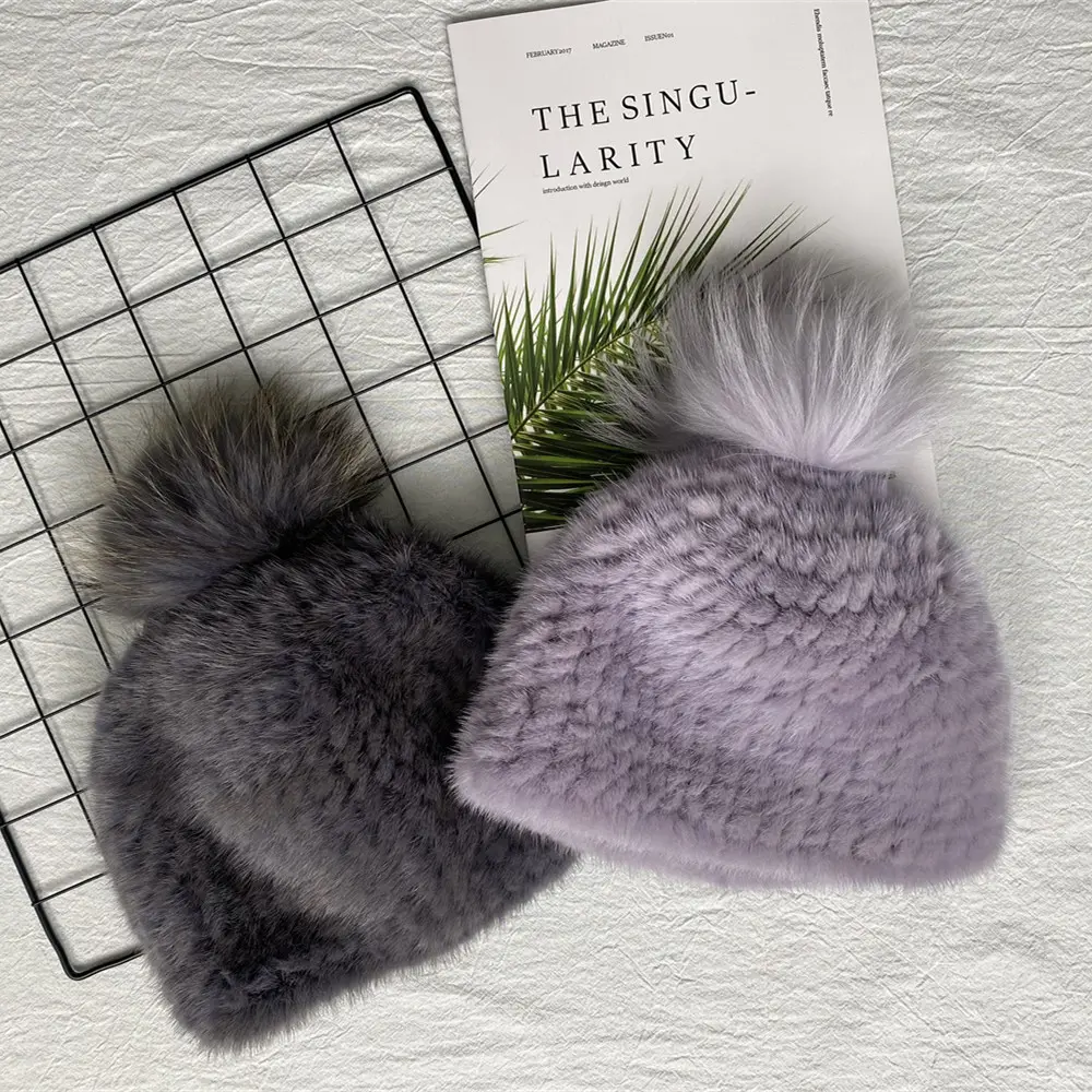 Female 100% Real Mink Fur Knitted Beanie Hat Winter Warm Women's Bucket Cap Fox Fur Pom Poms