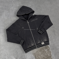 Sweat-shirt à capuche zippé noir personnalisé pour homme avec motif abstrait et bordure côtelée, fabrication OEM ODM