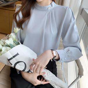 8692# レディース パール付き 長袖 スタンドネック エレガント Tシャツ シンプル ファッション オフィス ブラウス トップス - Product Image 3