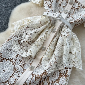 Vestidos de encaje con aberturas y manga corta, elegantes y con diamantes, estilo francés para mujer - Product Image 5