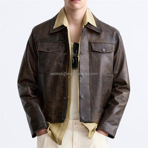 جاكيت جلدي رجالي مخصص بياقة قميص وتصميم متهالك بمظهر قديم - Product Image 3