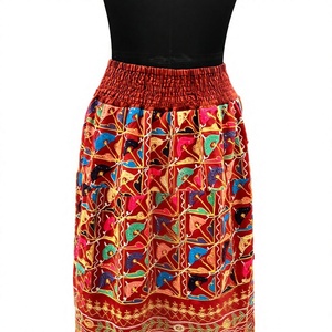 Bohemian Asymmetrical Maxi <b>Skirt</b> Women <b>Elastic</b> <b>Waist</b> Hand Embroidered Ruffles Geometric Pattern Breathable Cotton Ankle ODM - Product Image 1
