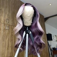 Perruque Lace Front 13x4 avec mèches violettes et rose pastel, pré-épilée, en cheveux humains vierges brésiliens, sans colle, style Body Wave