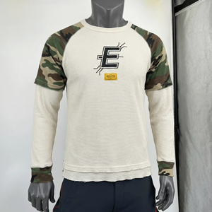 맞춤형 남성 빈티지 헤비웨이트 긴팔 크루넥 100% 면 이중 레이어 루즈핏 기하학 패턴 티셔츠 - Product Image 1