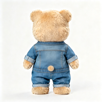 Ours en peluche doux et bouclé brun clair, style vintage, avec veste en jean délavé et pantalon en jean, jouet en peluche moelleux