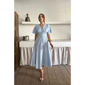 Robe en lin à col en V et boutons, bleu, taille S, robe midi décontractée - Product Image 3