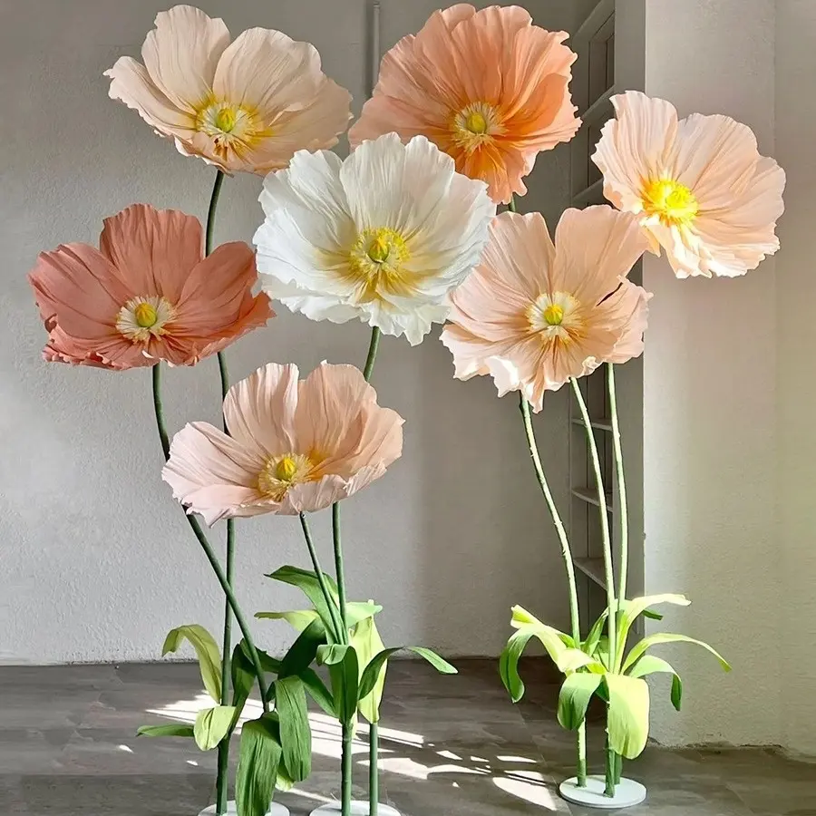 O-Z010 Groothandel Grote Gigantische Papieren Bloemen Staande Bruiloft Rekwisieten Crêpe Papier Bloemen Rose Papaver Gigantische Bloemen Decoratie