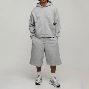 Men Heather Grey Baggy Sweatsuit Set Cropped <b>Full</b> <b>Zip</b> <b>Hoodie</b> And Wide Leg Calf Length Sweatpants Men 2 Piece Casual Tracksuit - Product Image 1
