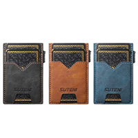 Portefeuille à fentes pour cartes SUTENI, motif en cire d'huile, toucher lisse, simili cuir, boîte à cartes, bouton de pression qui éjecte automatiquement la carte