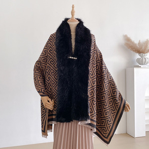 Chal de Invierno de Marca de Lujo para Mujer, Diseño Geométrico de Animales, Sensación de Cachemira, Chal Poncho con Cuello de Piel Sintética para Fiesta - Product Image 4