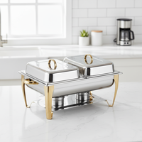 Plat de service rectangulaire de luxe en acier inoxydable argenté avec pieds dorés, double réchaud à buffet, chauffe-plats à alcool