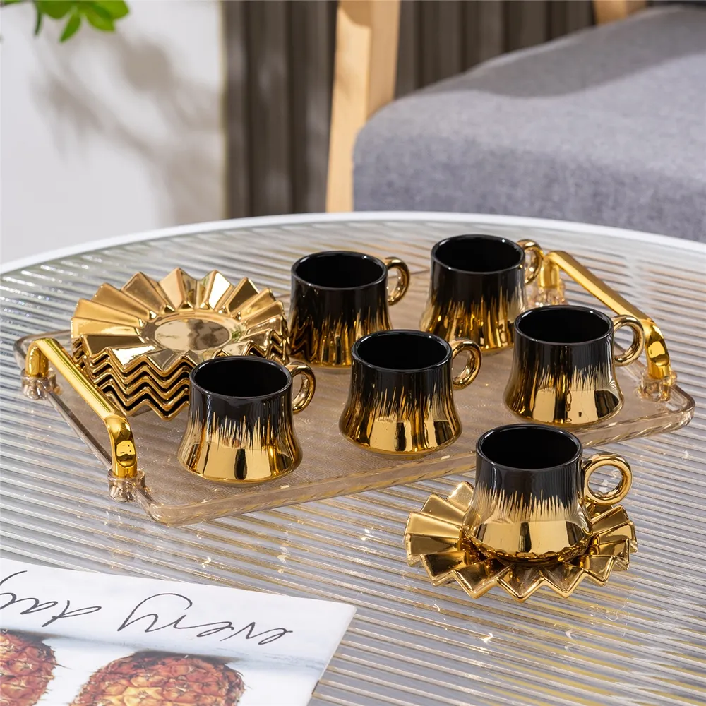 Nieuw Ontwerp 90Ml Luxe 6 Stuks Set Zwart Goud Marmer Keramische Mok Espresso Koffie Kopjes Schotel Met Geschenkdoos Arabische Koffie Cup Set