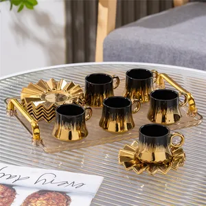 Nuevo diseño, juego de 6 uds de lujo de 90Ml, Taza de cerámica de mármol dorado negro, Espresso tazas de café, platillo con caja de regalo, juego de tazas de café árabe