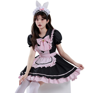 Disfraz de sirvienta japonesa Lolita, vestido negro y rosa con lazo y tocado, traje de Cosplay para mujer, estilo dulce y lindo - Product Image 1