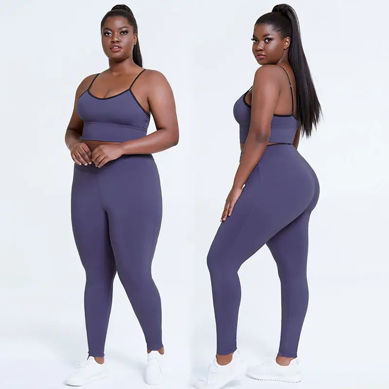 Women High Quality Stretchy U-neck Camisole 2 Piece Workout Purple Plus Size XXXXL Fitness Yoga Set