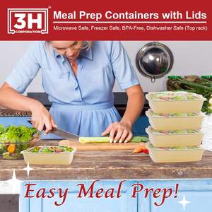 กล่องเตรียมอาหาร 3H ขนาด 48 ออนซ์ แพ็ค 100 ชิ้น, กล่องใส่อาหารแบบสี่เหลี่ยมพร้อมฝาปิด 200 ชิ้น, ปลอดสาร BPA, ใช้กับไมโครเวฟ/เครื่องล้างจาน/ช่องแช่แข็งได้ - Product Image 6