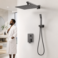 Système de douche en laiton noir mat avec pommeau de pluie carré, douchette à main et panneau de commande