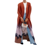 Direkt vom Hersteller Schnelle Lieferung Modest Fashion Damen Fein Plissierter Maxi-Cardigan Farbblock Geometrisches Muster Offene Vorderseite Abaya