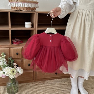 Abbigliamento per Neonati Stile Coreano, Tutina in Cotone e Rete per Primavera e Autunno, Vestito da Principessa Rosso per Bambine di Un Anno, Classe Guangdong - Product Image 3