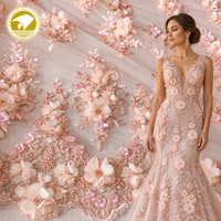 Tissu en dentelle française unique, tissé, brodé de perles et de paillettes, avec fleurs 3D, pour robes de mariée et sacs, grammage lourd