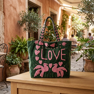 Sac fourre-tout en velours brodé Suzani fait main, motif oiseaux amoureux, sac à bandoulière décontracté de luxe, sacs de shopping écologiques en gros - Product Image 5