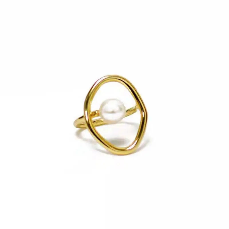 New Design Temperament Girl Gift Metal Ring Women Elegant Irregular Hollow Ring Geometric Engagement Round Pearl Ring
