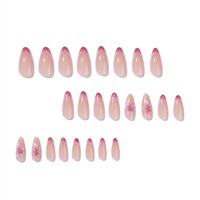 Set Kuku Palsu 3D Floral Press On dengan Ujung Prancis Bergelombang, Motif Marmer Pink Gold, Nude Almond, Dapat Digunakan Kembali, Buatan Tangan, 4367