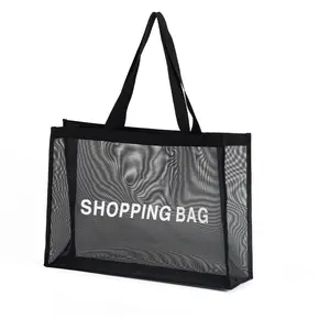 Çevre dostu özel Logo naylon örgü pazarı bez dükkanı omuz plaj alışveriş taşıma çantası sebze
